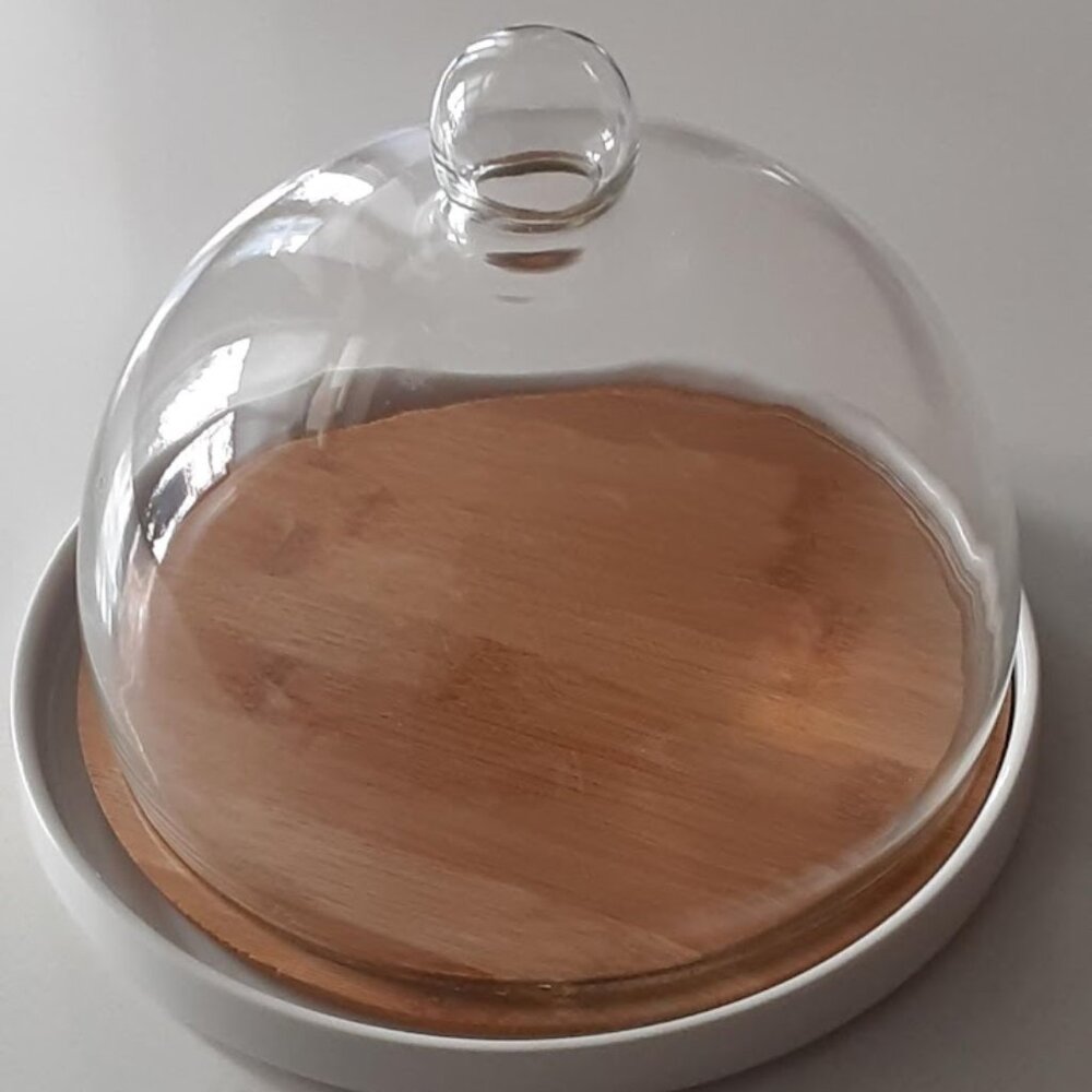 Wood & Ceramic CHEESE BOARD with Glass Dome Cover